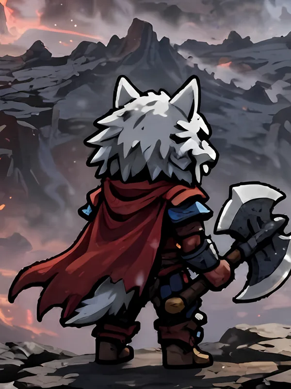 Retrato: un cazador con capucha de lobo, capa roja y hacha.